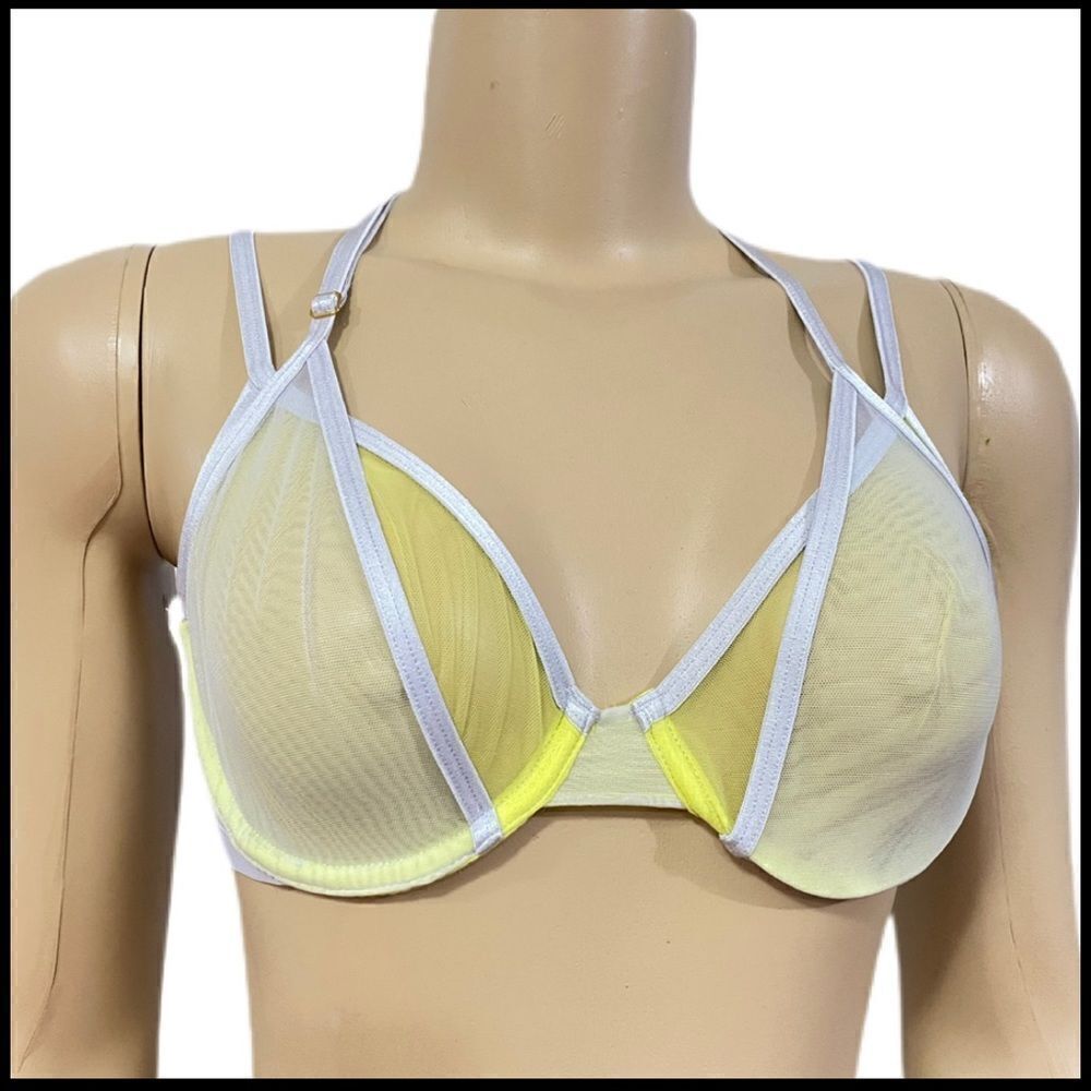 Victorias Secret Very Sexy Sheer Mesh unlined underwire Plunge bra lime gray 36C